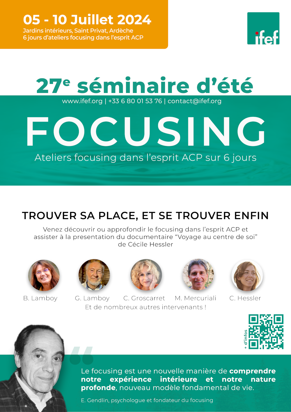 Affiche du séminaire d'été de focusing 2024 en Ardèche : trouver sa place et se trouver enfin